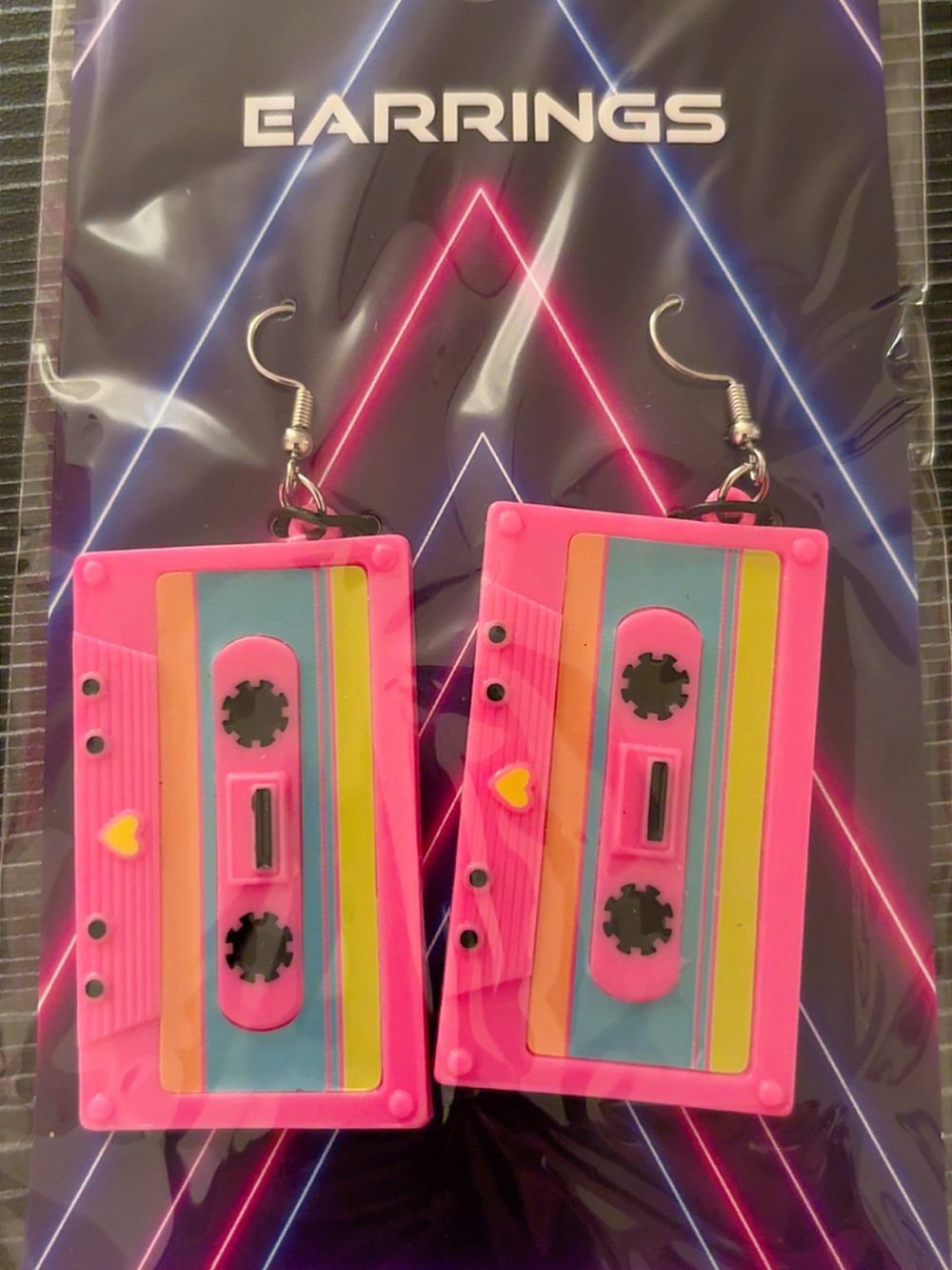 Spirit Pink Retro Cassette Tape Earrings with Multicolor Stripes
